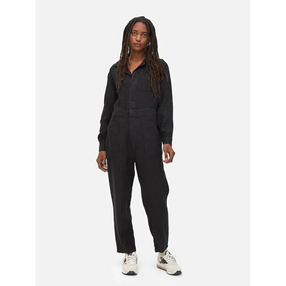 Mate The Label Linen Jumpsuit Long Sleeves Button Front Pockets Black Small NWOT - Picture 1 of 8